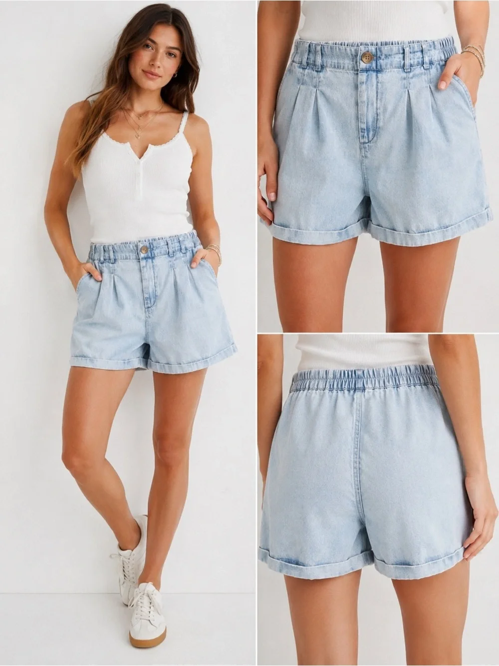 American Eagle Paperbag Waist Denim Shorts Light Wash Pull On Cuffed Women’s S - Picture 1 of 13